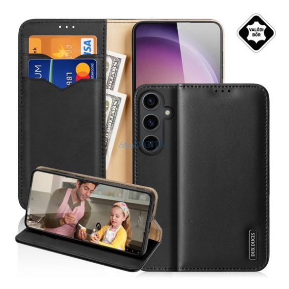 DUX DUCIS HIVO Carcasă Standing, piele naturală (FLIP, deschidere laterală, suport birou, buzunar card, RFID) NEGRU Samsung Galaxy S25 (SM-S931)