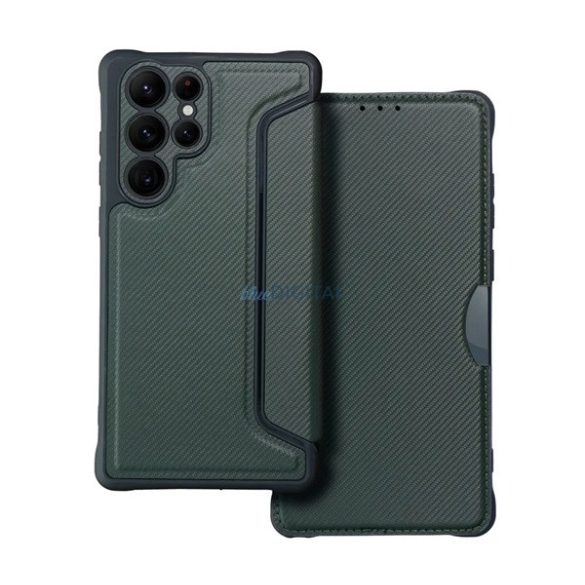 Carcasă permanentă, efect piele (FLIP, deschidere laterală, rezistență la impact, călcâi cu bule, protecție cameră, model carbon) PERNA PLIABILĂ Samsung Galaxy S25 Ultra (SM-S938)