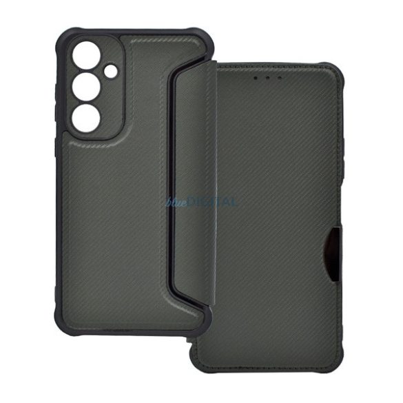 Carcasă permanentă, efect piele (FLIP, deschidere laterală, rezistență la impact, călcâi cu bule, protecție cameră, model carbon) PERNA PLIABILĂ Samsung Galaxy S25 Plus (SM-S936)