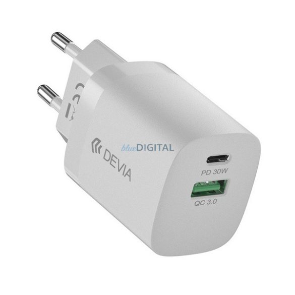 Încărcător de rețea DEVIA SMART Tip-C + priză USB (30W, încărcător rapid PD. GaN) ALB