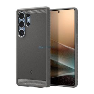 SPIGEN RUGGED ARMOR silicon protector de telefon (rezistent la impact, bubble heel, model de carbon, MagSafe) CLEAR GREY Samsung Galaxy S25 Ultra (SM-S938)