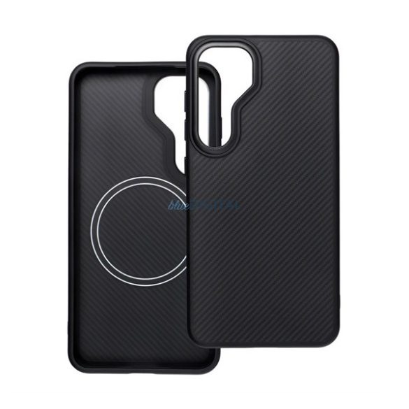 Silicon protector de telefon (rezistent la șocuri, spate din plastic, MagSafe, model de carbon) BLACK Samsung Galaxy S25 Plus (SM-S936)