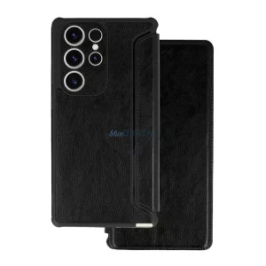 HUSĂ! - Carcasă permanentă, efect piele (FLIP, deschidere laterală, rezistență la șocuri, colț hover, protecție cameră foto) BLACK Samsung Galaxy S24 FE (SM-S721)