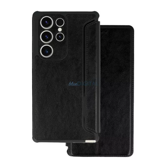 HUSĂ! - Carcasă permanentă, efect piele (FLIP, deschidere laterală, rezistență la șocuri, colț hover, protecție cameră foto) BLACK Samsung Galaxy S24 FE (SM-S721)