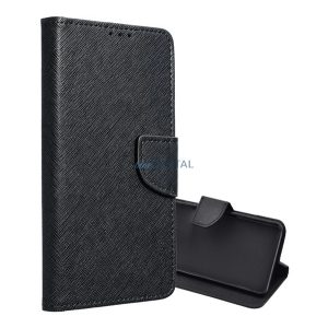 Husă permanentă, efect piele (FLIP, deschidere laterală, suport birou, buzunar card, efect textil) BLACK Samsung Galaxy A56 5G (SM-A566)