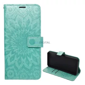 HUSĂ! - Carcasă Standing, efect piele (FLIP, deschidere laterală, desktop, curea de mână, mandala) CYAN Samsung Galaxy A36 5G (SM-A366)