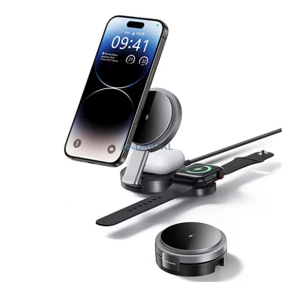Încărcător de birou USAMS 3in1 (15W, wireless, încărcător rapid, încărcător Airpods, Apple Watch) NEGRU