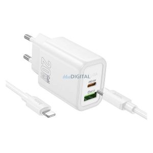 HOCO N61 încărcător de rețea USB + priză Type-C (20W, încărcător rapid PD 3.0 + cablu Lightning) ALB