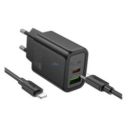  HOCO N61 Încărcător AC USB+Type-C (20W, încărcător rapid PD 3.0 + cablu Lightning) NEGRU
