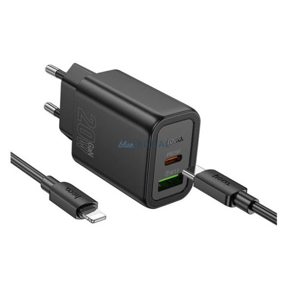 HOCO N61 Încărcător AC USB+Type-C (20W, încărcător rapid PD 3.0 + cablu Lightning) NEGRU