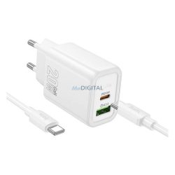   HOCO N61 încărcător de rețea USB + priză Type-C (20W, încărcător rapid PD 3.0 + cablu Type-C) ALB