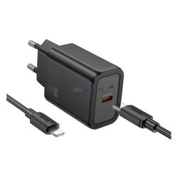   HOCO N62 încărcător de rețea cu priză Type-C (30W, încărcător rapid PD 3.0 + cablu Lightning) NEGRU
