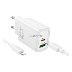   HOCO N63 încărcător de rețea USB + priză Type-C (30W, încărcător rapid PD 3.0 + cablu Lightning) ALB