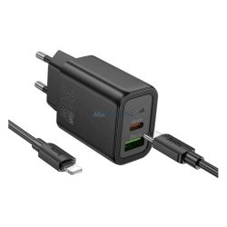   HOCO N63 încărcător de rețea USB + priză Type-C (30W, încărcător rapid PD 3.0 + cablu Lightning) NEGRU