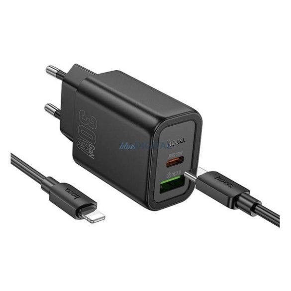 HOCO N63 încărcător de rețea USB + priză Type-C (30W, încărcător rapid PD 3.0 + cablu Lightning) NEGRU
