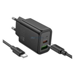   HOCO N63 încărcător de rețea USB + priză Type-C (30W, încărcător rapid PD 3.0 + cablu Type-C) NEGRU