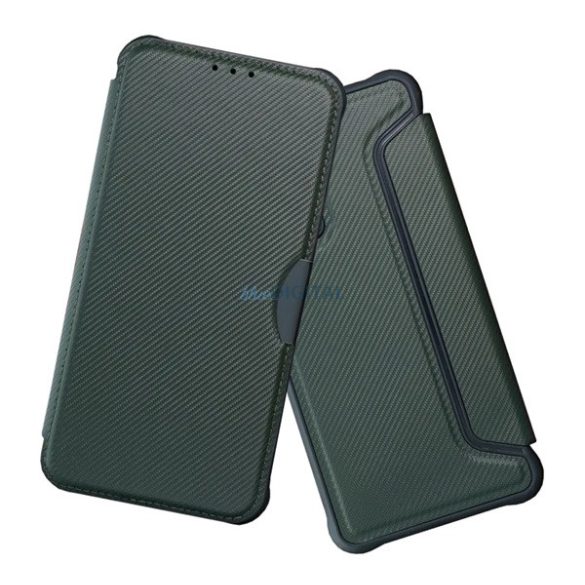 Carcasă permanentă, efect piele (FLIP, deschidere laterală, rezistență la impact, călcâi cu bule, protecție cameră, model carbon)