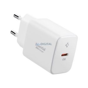 Încărcător de rețea SPIGEN ESSENTIAL cu priză Type-C (20W, GaN, încărcător rapid PD 3.0) ALB