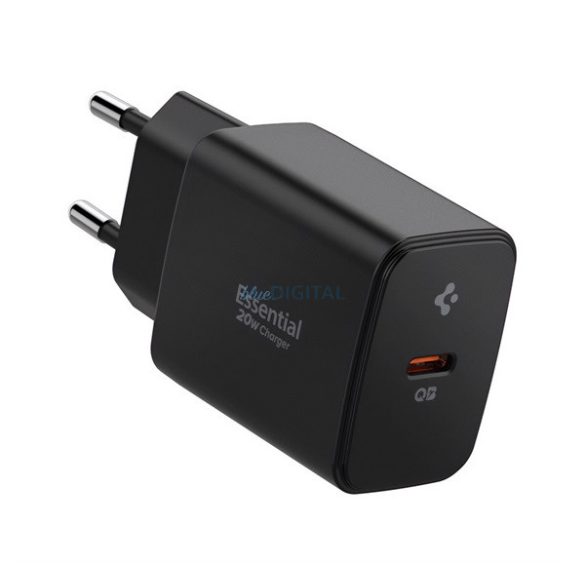 Încărcător de rețea SPIGEN ESSENTIAL cu priză Type-C (20W, GaN, încărcător rapid PD 3.0) NEGRU