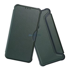 Carcasă permanentă, efect piele (FLIP, deschidere laterală, rezistență la impact, călcâi cu bule, protecție cameră, model carbon)