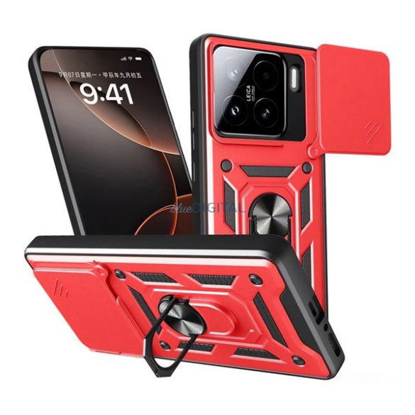 Protector de telefon din silicon Defender (rezistent la șocuri, inel de reținere, protector de cameră) Roșu Xiaomi 15
