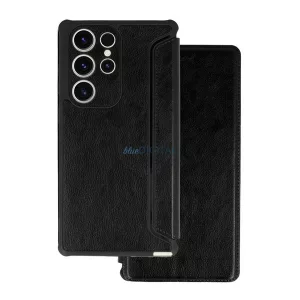 HUSĂ! - Carcasă permanentă, efect piele (FLIP, deschidere laterală, rezistență la șocuri, colț hover, protecție cameră foto) Negru Samsung Galaxy S25 (SM-S931)