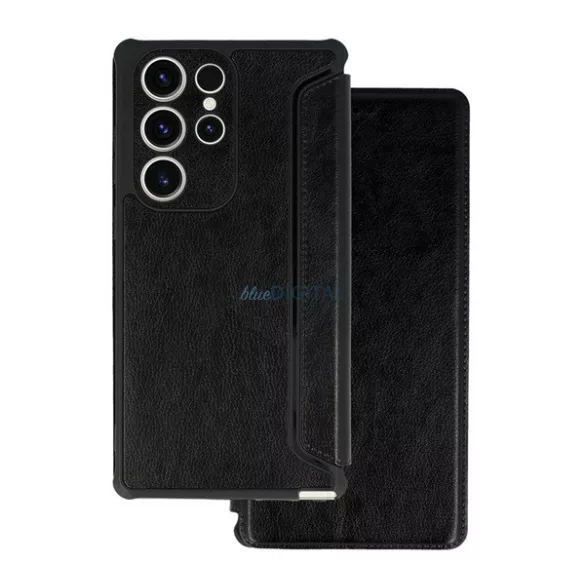 HUSĂ! - Carcasă permanentă, efect piele (FLIP, deschidere laterală, rezistență la șocuri, colț hover, protecție cameră foto) Negru Samsung Galaxy S25 (SM-S931)