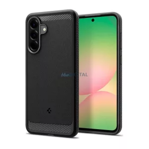 HUSĂ! - SPIGEN RUGGED ARMOR silicon telefon protector (rezistent la șocuri, bubble heel, model de carbon) Negru Samsung Galaxy A56 5G (SM-A566)