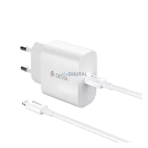 Încărcător de rețea DEVIA SMART cu priză Type-C (30W, GaN, încărcător rapid PD + cablu Lightning) ALB