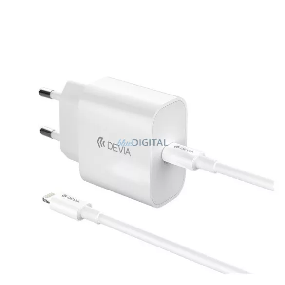 Încărcător de rețea DEVIA SMART cu priză Type-C (30W, GaN, încărcător rapid PD + cablu Lightning) ALB