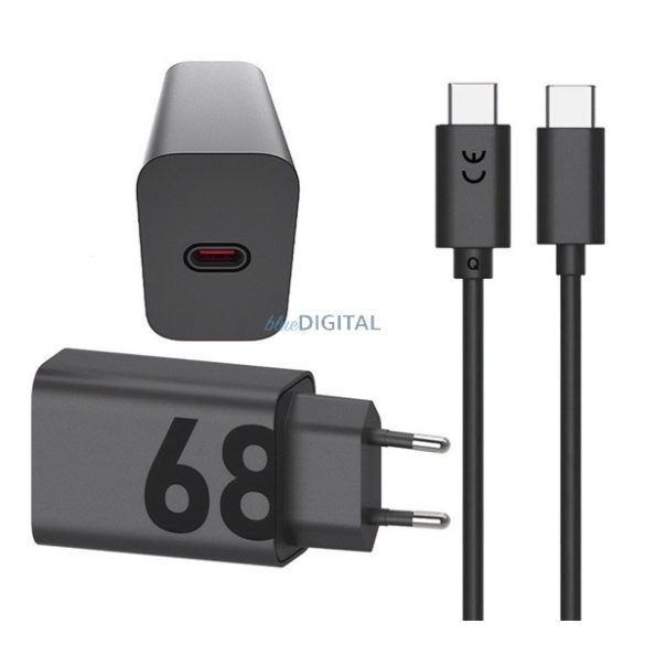 MOTOROLA TURBOPOWER încărcător de rețea cu priză Type-C (68W, 6.5A, GaN, PD încărcător rapid + cablu Type-C) NEGRU