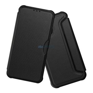 Carcasă permanentă, efect de piele (FLIP, deschidere laterală, rezistență la șocuri, călcâi cu bule, protector de cameră, model de carbon) Negru Xiaomi Redmi Note 14 4G