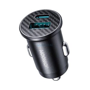 Încărcător auto JOYROOM USB+Type-C (15W, încărcător rapid PD, mini, model carbon) NEGRU