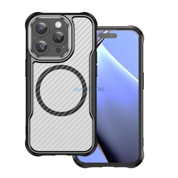 Silicon telefon protector (rezistent la șocuri, bubble călcâi, aparat de fotografiat protector, model de carbon, MagSafe) Negru Apple iPhone 15 Pro Max