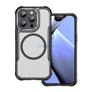 Silicon protector de telefon (rezistent la șocuri, călcâi pernă de aer, protector de cameră, model de carbon, MagSafe) Negru Apple iPhone 14 Pro Max