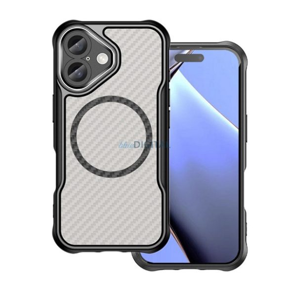 Silicon protector de telefon (rezistent la șocuri, călcâi pernă de aer, aparat de fotografiat protector, model de carbon, MagSafe) Negru Apple iPhone 16