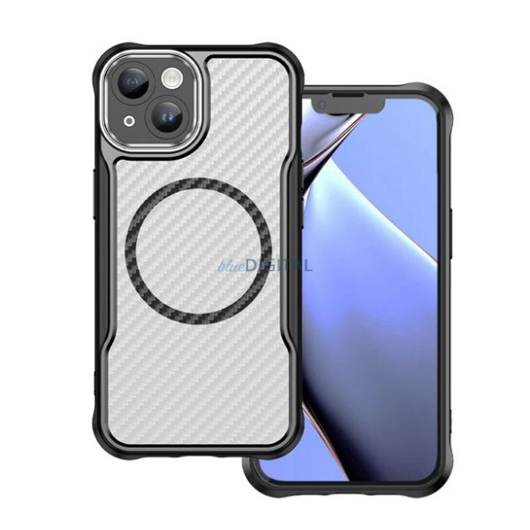 Silicon protector de telefon (rezistent la impact, bubble heel, camera protector, model de carbon, MagSafe) Negru Apple iPhone 15