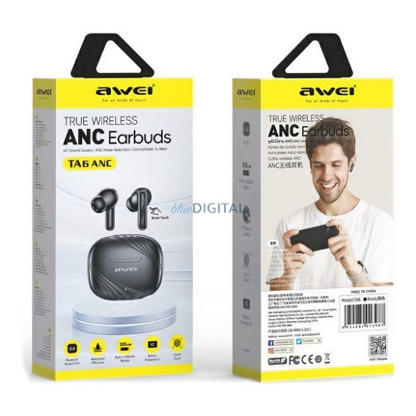 AWEI TA6 căști bluetooth STAREO (v5.4, TWS, anulare activă a zgomotului, microfon + încărcător) NEGRU