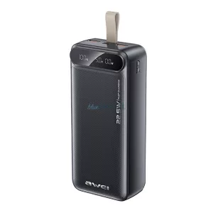 AWEI PA-12 Încărcător de urgență 2 mufe USB+Type-C (30000mAh, 22.5W, încărcător rapid PD, afișaj LED) NEGRU