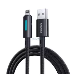   Cablu de date BASEUS (USB - lightning, 2.4A, încărcător rapid PD, 100cm, șiret, anti-rupere, indicator LED) NEGRU
