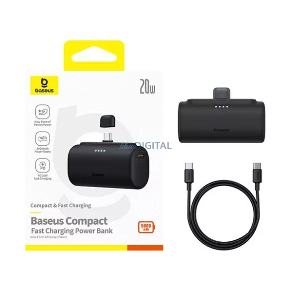 BASEUS COMPACT încărcător de urgență cu priză Type-C (5000mAh, 20W, încărcător rapid PD, conector Type-C + cablu Type-C) NEGRU