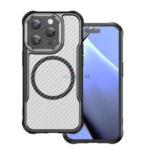 HUSĂ! - Silicon telefon protector (rezistent la șocuri, bubble călcâi, aparat de fotografiat protector, model de carbon, MagSafe) Negru Apple iPhone 15 Pro