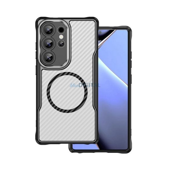 Silicon protector de telefon (rezistent la șocuri, călcâi cu bule, protector de cameră, model de carbon, MagSafe) Negru Samsung Galaxy S24 Ultra (SM-S928)