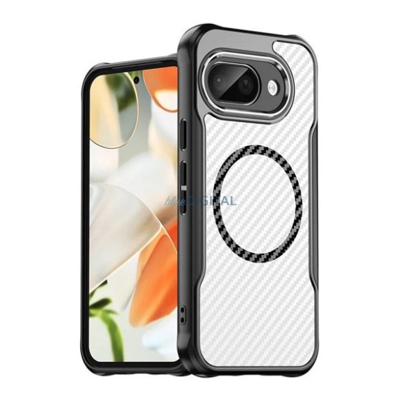 Protector de telefon din silicon (rezistent la șocuri, călcâi cu bule, protector de cameră, model de carbon, MagSafe) Negru Google Pixel 9a