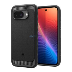 SPIGEN RUGGED ARMOR silicon protector de telefon (rezistent la impact, bubble heel, model de carbon, MagSafe) Negru Google Pixel 9a