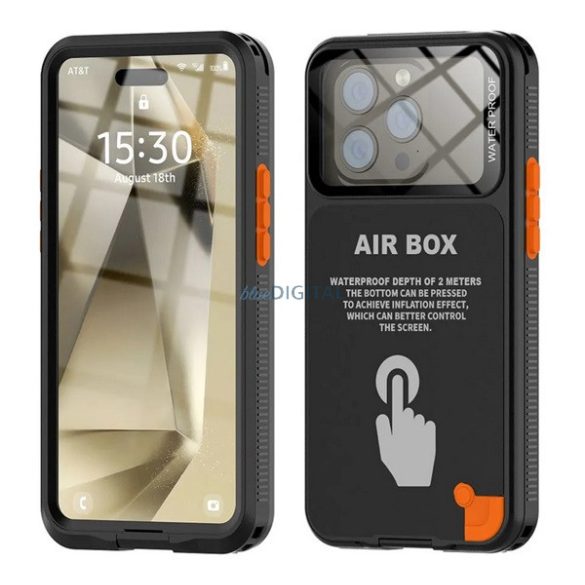 SHELLBOX AIRBOX 6.1 carcasă impermeabilă/rezistentă la apă, AQUA (IP68, rezistentă la șocuri, dimensiune 6.1") NEGRU Apple iPhone 16, iPhone 15 Pro, iPhone 15