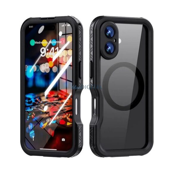 SHELLBOX GT protecție din plastic pentru telefon (protecție 360°, rezistență ridicată la impact, capac frontal din plastic, IP68, MagSafe) Negru Apple iPhone 16