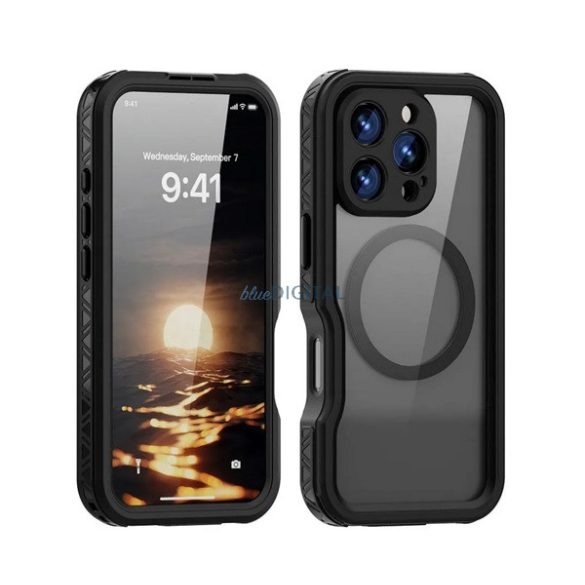 SHELLBOX GT protecție din plastic pentru telefon (protecție 360°, rezistență ridicată la impact, capac frontal din plastic, IP68, MagSafe) Negru Apple iPhone 16 Pro
