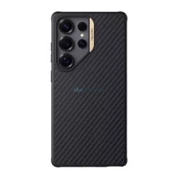   HUSĂ! - NILLKIN SYNTHETIC FIBER PRO plastic telefon protector (aramid acoperite, perna de aer călcâi, model de carbon, MagSafe) BLACK/GOLD Samsung Galaxy S25 Ultra (SM-S938)