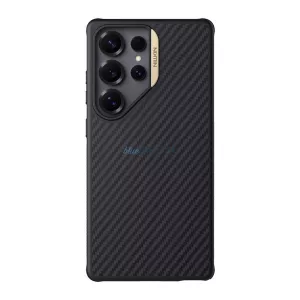 HUSĂ! - NILLKIN SYNTHETIC FIBER PRO plastic telefon protector (aramid acoperite, perna de aer călcâi, model de carbon, MagSafe) BLACK/GOLD Samsung Galaxy S25 Ultra (SM-S938)
